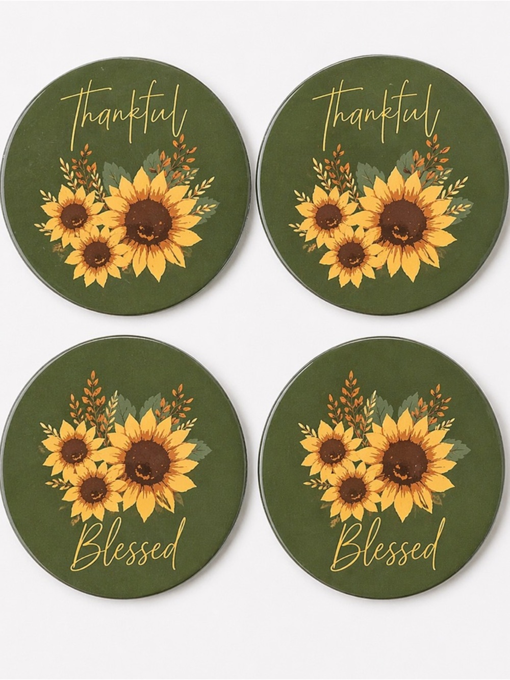 Sunflower Ceramic Coaster Set of 4 | Thankful &  Blessed 4.25" Round NEW